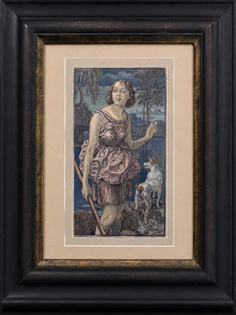 Wilhelm Volz (1870-1942), Young Shepherdess with Dogs: Wilhelm Volz (1870-1942), Young Shepherdess with Dogs Watercolor and ink on paper Dimensions (including frame): 35.5 × 44 cm Dimensions (excluding frame): 13.5 × 24 cm