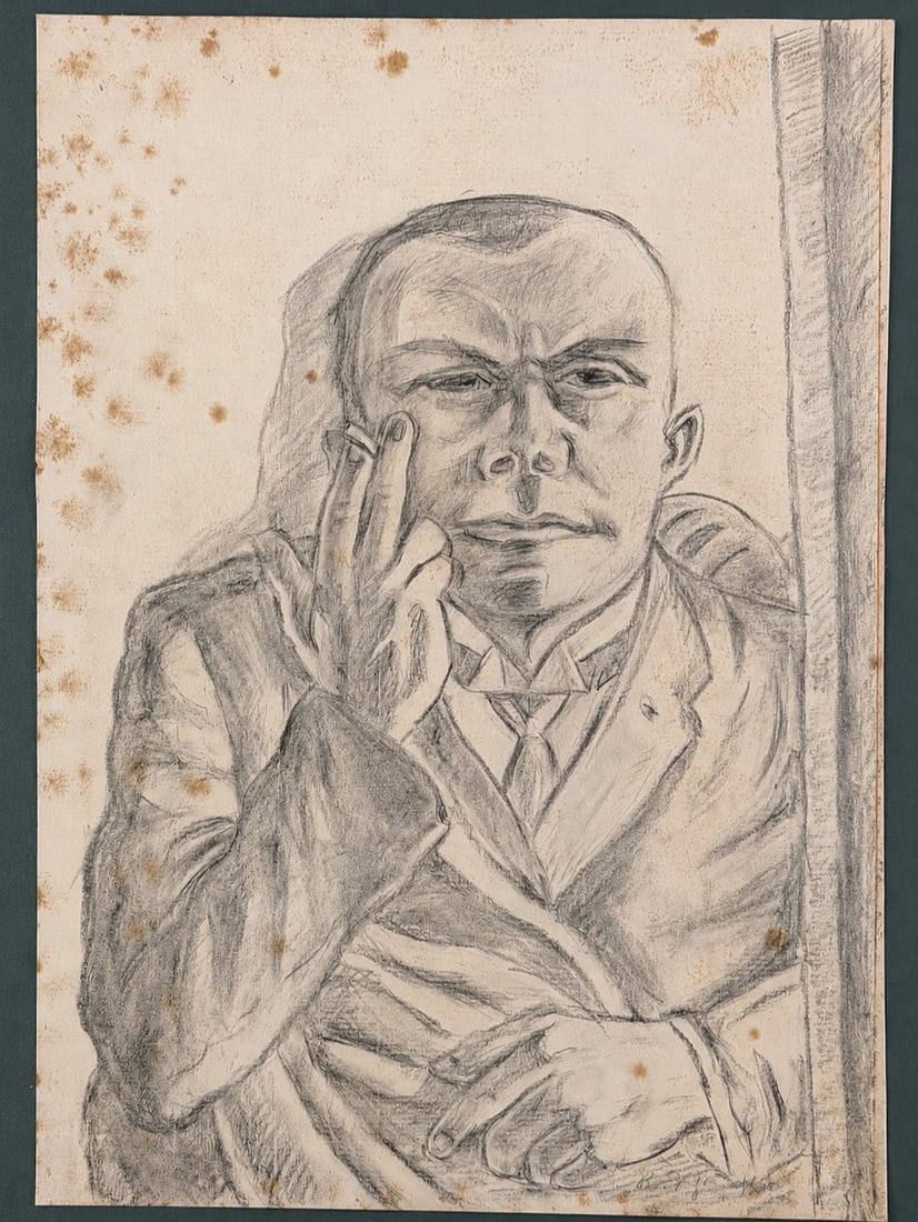 Attributed to Max Beckmann (1884-1950), Portrait of a Man with a Cigarette: Attributed to Max Beckmann (1884-1950), Portrait of a Man with a Cigarette Charcoal on paper Signed lower right Dimensions (including frame): 50.5 × 65.5 cm