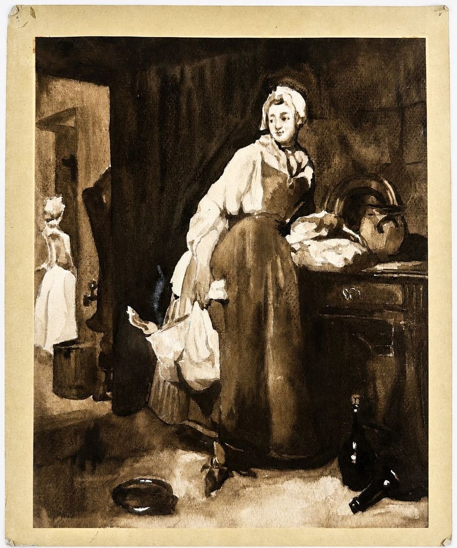 Jean-Baptiste-Simeon Chardin (1699-1779) Domestic Interior with a Maid: Brown wash and ink on paper Inscribed on the reverse Dimensions: 20.5 × 25.6 cm Provenance: Private collection of Jean-Philippe Ghaen, France