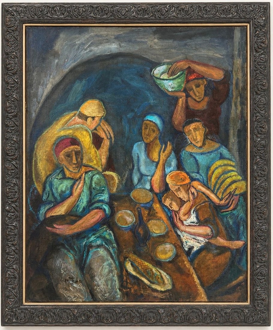 Leopold Gottlieb (1879-1934), Figures at a Table: Oil on canvas Signed and dated lower left A sketch is visible on the reverse Dimensions (including frame): 101×120 cm Dimensions (excluding frame): 81 × 100 cm
