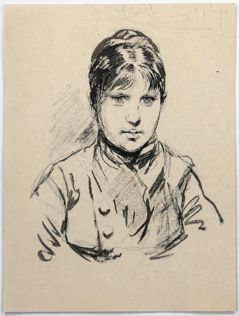Berthe Morisot (1841-1895) Portrait of a Young Girl: Charcoal and pencil on paper Inscribed on the reverse Dimensions: 19.3× 25 cm Provenance: Private collection of Jean-Philippe Ghaen, France Condition: