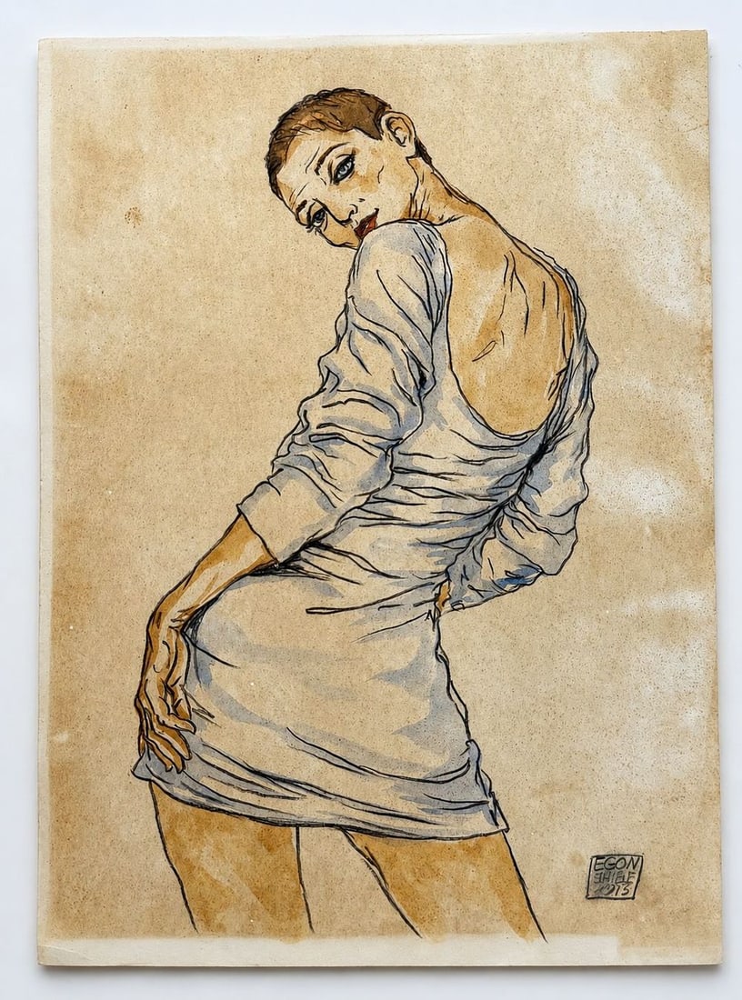 Attributed to Egon Schiele (1890-1918), Standing Female Figure: Ink and watercolor on paper Signed and dated 1913 lower right Dimensions: 19.3 × 26.7 cm Provenance: Private Collection, Tel Aviv </