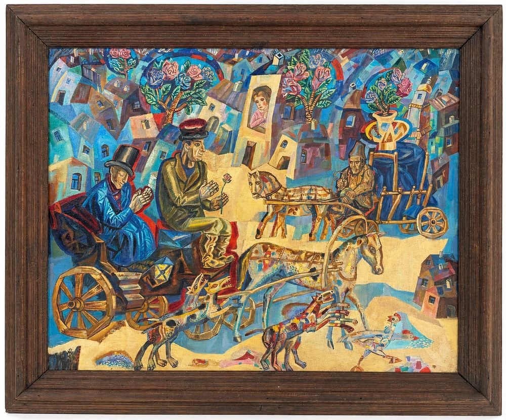 Pavel Filonov (1883-1941) Coachmen, 1924: Oil on canvas Signed lower right Inscribed on the reverse and dated 1924 Dimensions (with frame): 100 × 121 cm Dimensions (without frame): 81 × 100.5 cm Prove