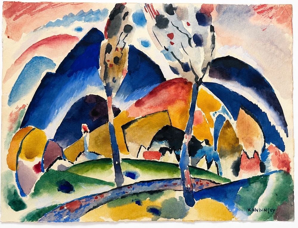 Wassily Kandinsky (1866-1944), Landscape with Trees: Mixed media on paper Signed lower right. Dimensions: 22 × 33.3 cm Provenance: the collection of Olivia Amar (Estate of Omer Albert), inheri