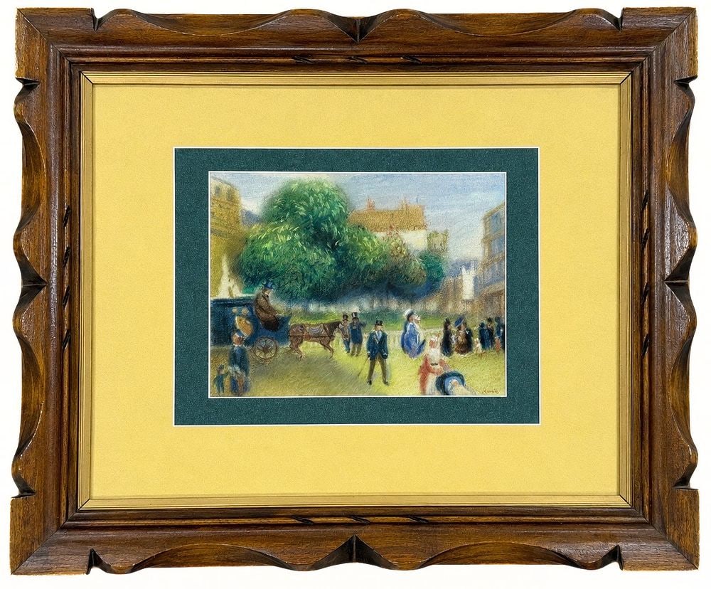 Attributed to Pierre-Auguste Renoir (1841-1919) Figures and Carriage in a Park: Pastel on paper Signed lower right Dimensions (with frame): 50 × 60 cm Dimensions (without frame): 26 × 33 cm Provenance: Private Collection, Tel Aviv <