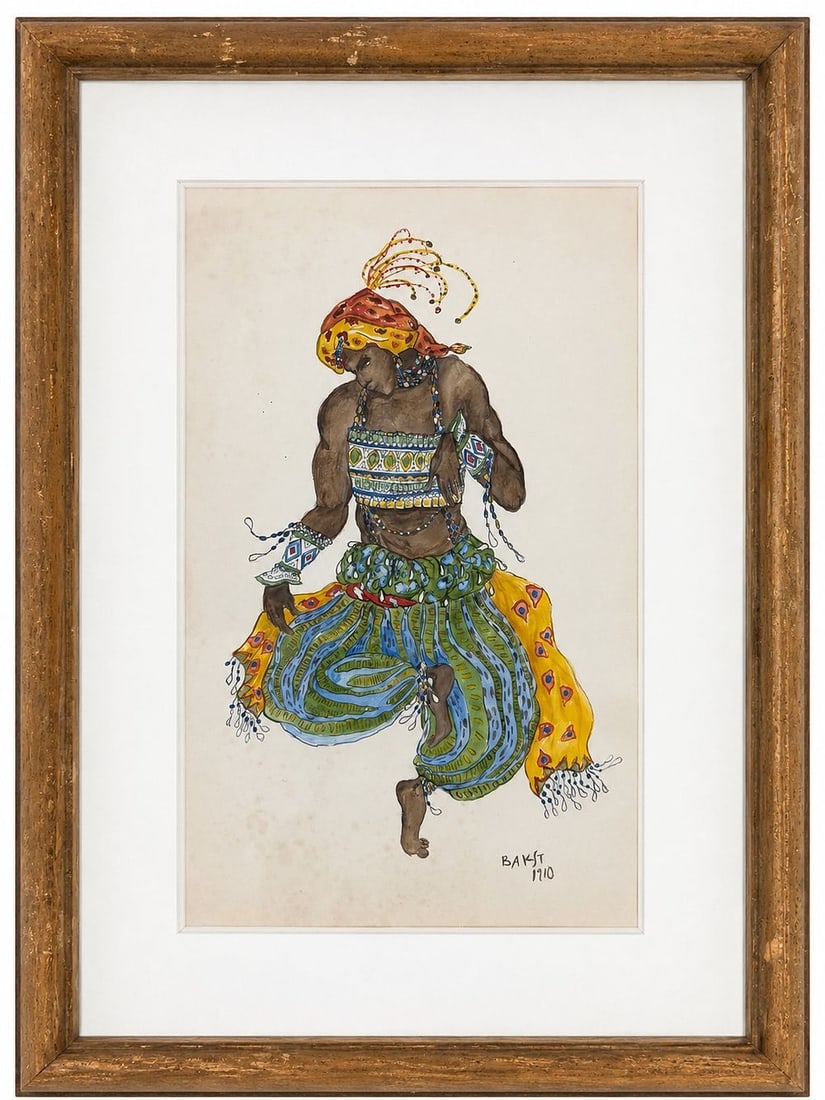 Leon Bakst (1866-1924) Costume Design for a Male Dancer, 1910: Mixed media on paper Signed and dated ?1910? lower right Dimensions (including frame): 39 × 50 cm Dimensions (excluding frame): 28 × 39 cm <