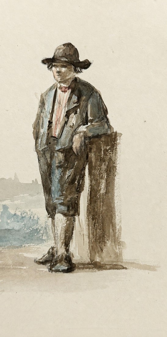 Attributed to Eugene Boudin (1824-1898), Standing Man: Watercolor on paper Inscribed on the reverse Dimensions: 9.5 × 18.5 cm Provenance: Private collection of Jean-Philippe Ghaen, France Condition: Fo