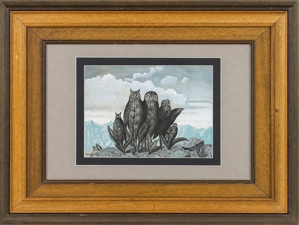 Rene Magritte (1898-1967) Owls in a Mountain Landscape: Mixed media on paper. Signed lower left Dimensions (with frame): 56 × 72 cm Dimensions (without frame): 27 × 34.5 cm Provenance: Private Collection, Tel Aviv