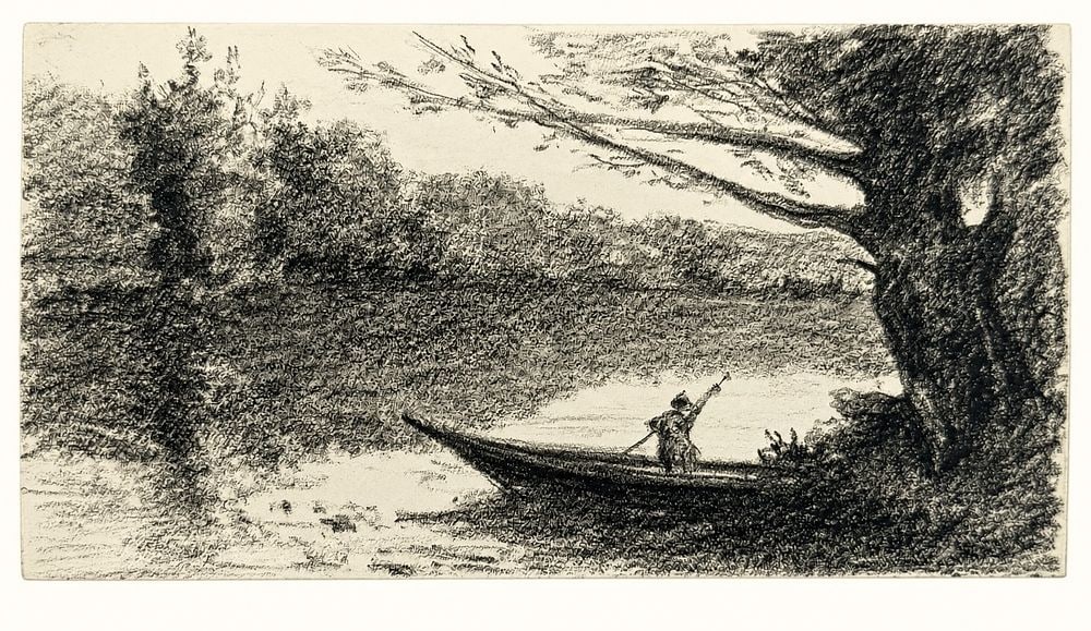 Jean-Baptiste-Camille Corot (1796-1875) River Landscape with Boat: Charcoal on paper Inscribed on the reverse Dimensions: 8.5 × 16 cm Provenance: Private collection of Jean-Philippe Ghaen, France Condition: For a detailed co