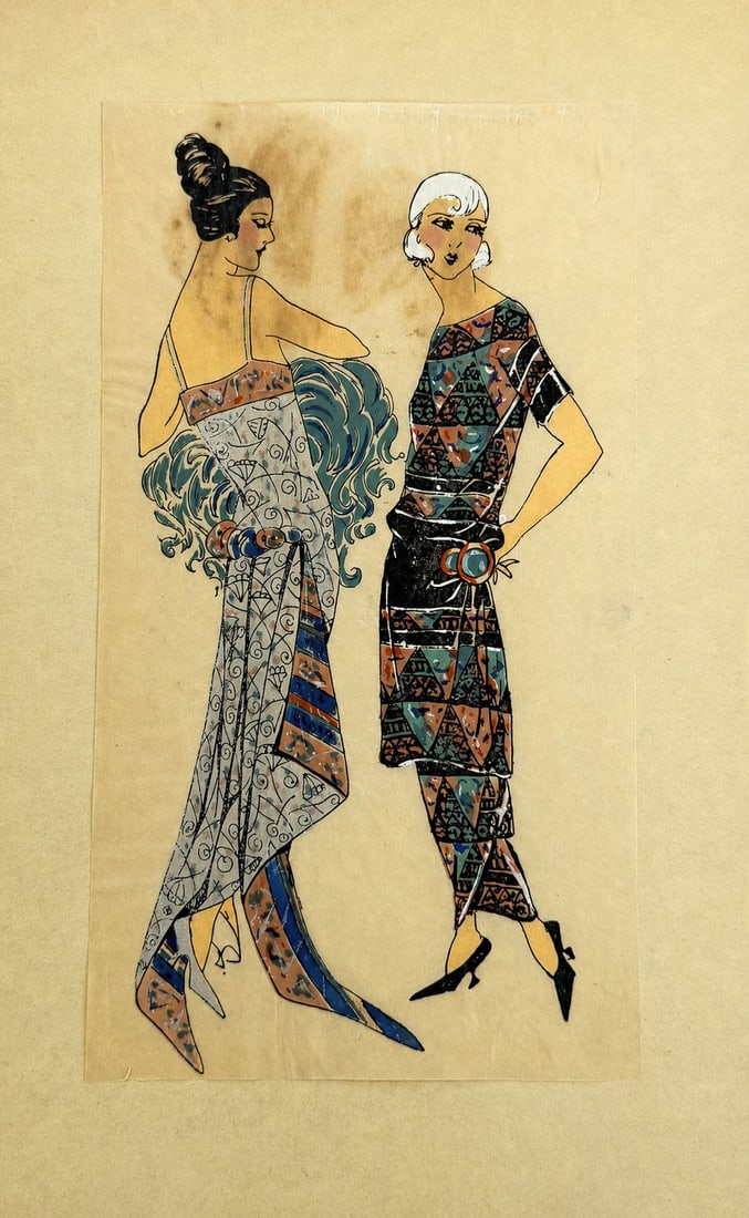 Erte (Romain de Tirtoff, 1892-1990) Two Fashionable Women: Mixed media on paper Inscribed on the reverse Dimensions: 10 × 18 cm Provenance: Private collection of Jean-Philippe Ghaen, France Condition: For a detailed