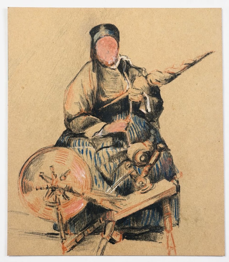 Attributed to Eugene Boudin (1824-1898) Woman at a Spinning Wheel: Pastel on paper Inscribed on the reverse Dimensions:14 × 16 cm Provenance: Private collection of Jean-Philippe Ghaen, France <