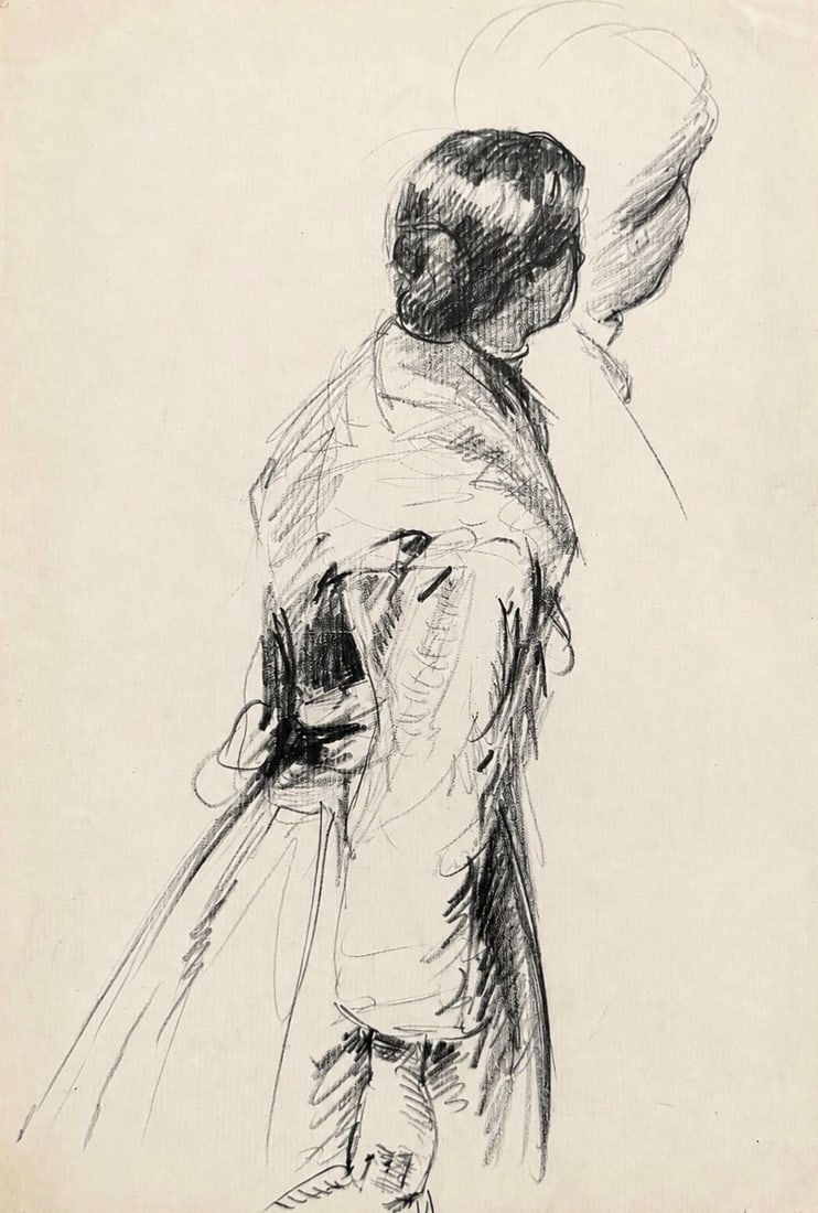 Berthe Morisot (1841-1895), Standing Woman: Pencil and charcoal on paper Inscribed on the reverse Dimensions: 17.5 × 25.5 cm Provenance: Private collection of Jean-Philippe Ghaen, France