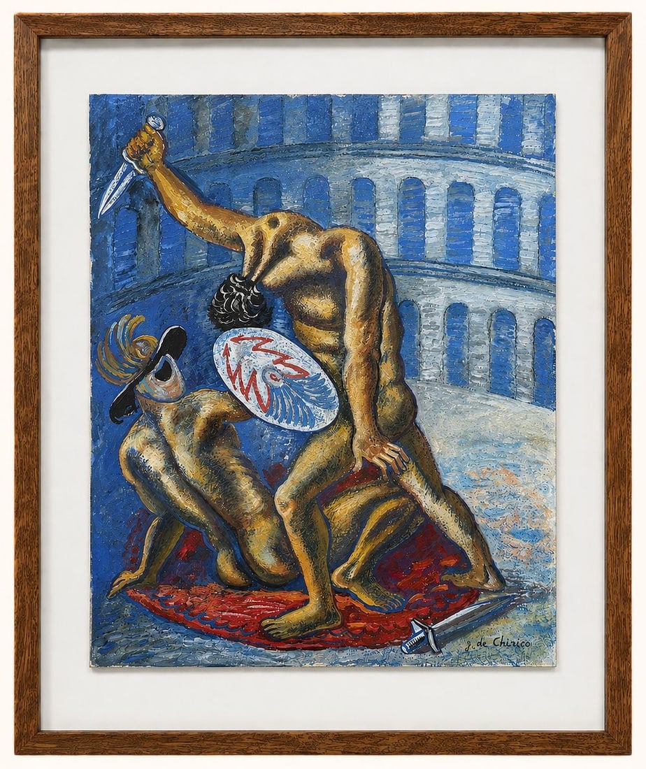 Giorgio de Chirico (1888-1978) Gladiators, 1930s: Mixed media on paper Signed lower right Dimensions (including frame): 53 × 63 cm Dimensions (excluding frame): 39 × 49 cm Provenance: Private Coll