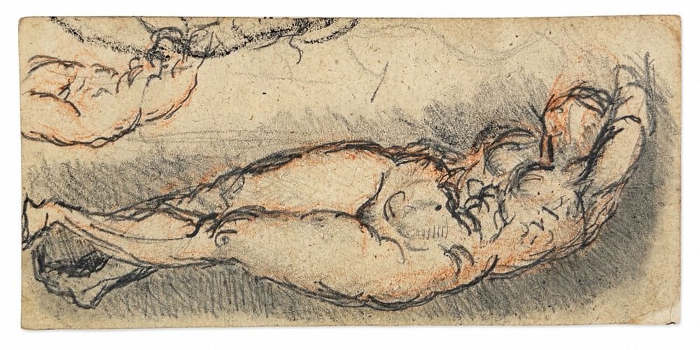 Attributed to Peter Paul Rubens (1577-1640) Reclining Female Figure: Mixed media on paper Inscribed on the reverse Dimensions: 7.4 × 15.2 cm Provenance: Private collection of Jean-Philippe Ghaen, France Condition: F