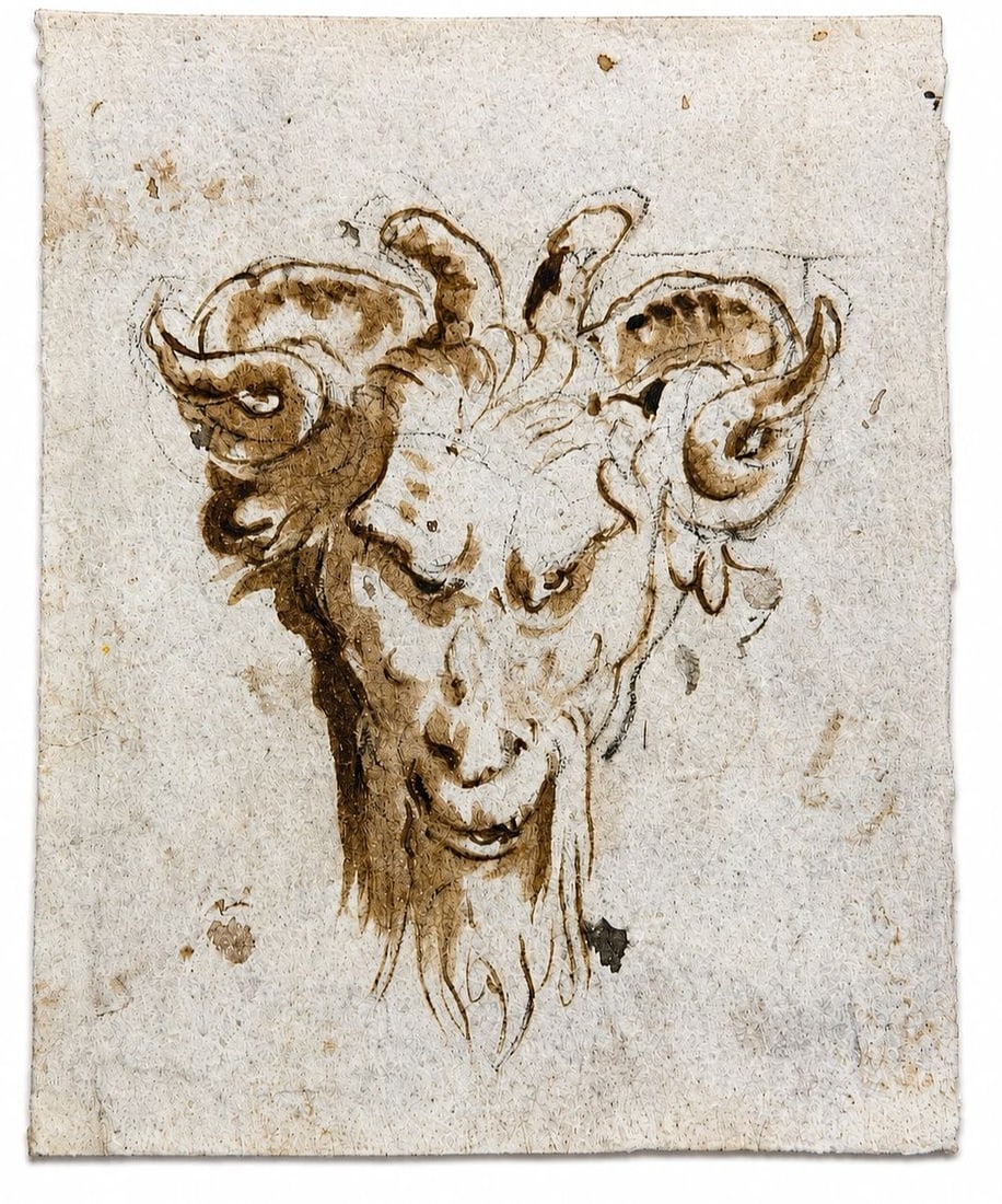 Attributed to Giovanni Battista Tiepolo (1696-1770) Head of a Ram: Sepia on paper Inscribed on the reverse Dimensions: 8.7 × 10.5 cm Provenance: Private collection of Jean-Philippe Gh