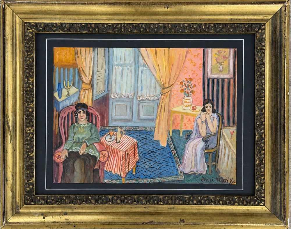 Attributed to Henri Matisse (1869-1954) Two Women in an Interior: Mixed media on paper Signed lower right Dimensions without frame: 24 × 32 cm Dimensions with frame: 41.5 × 50.5 cm Provenance: Private Collection, Tel Aviv