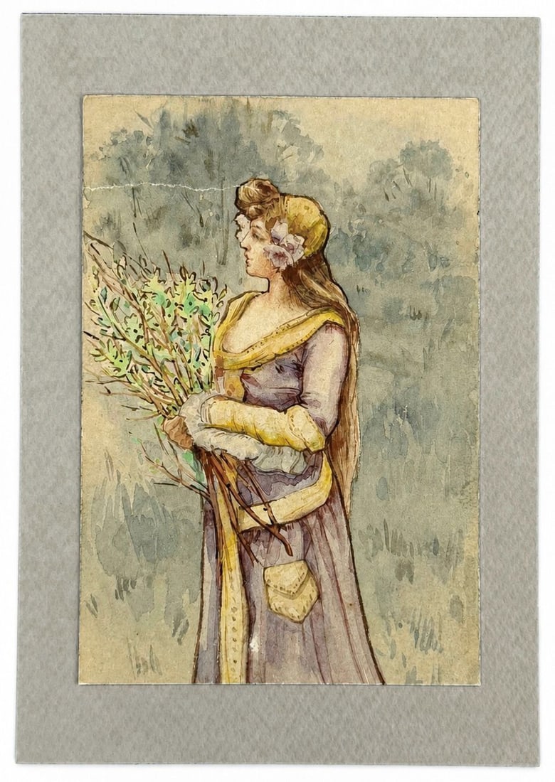 Attributed to Alphonse Mucha (1860-1939) Woman with Flowers: Watercolor on paper Inscribed on the reverse Dimensions: 9 × 13 cm Provenance: Private collection of Jean-Philippe Ghaen, France Condition: