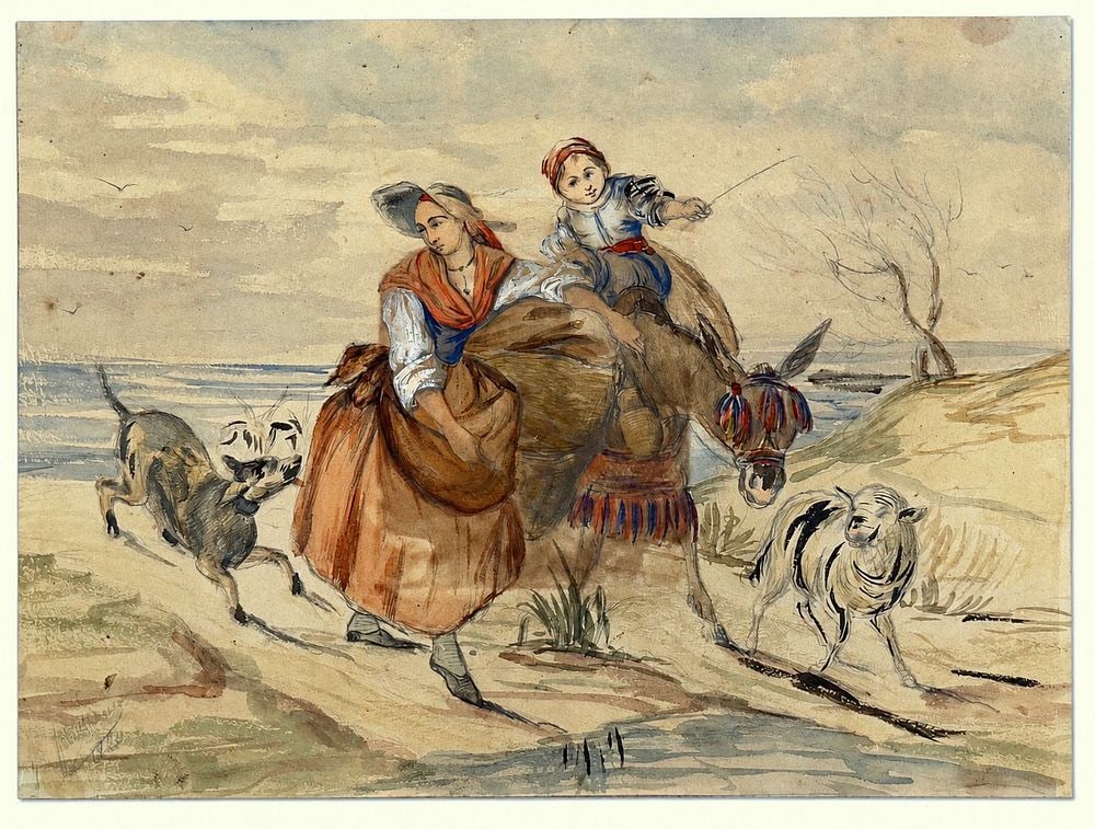 Felix Foulquier (1822-1896) Woman with a Child and Donkey (1 of 2)