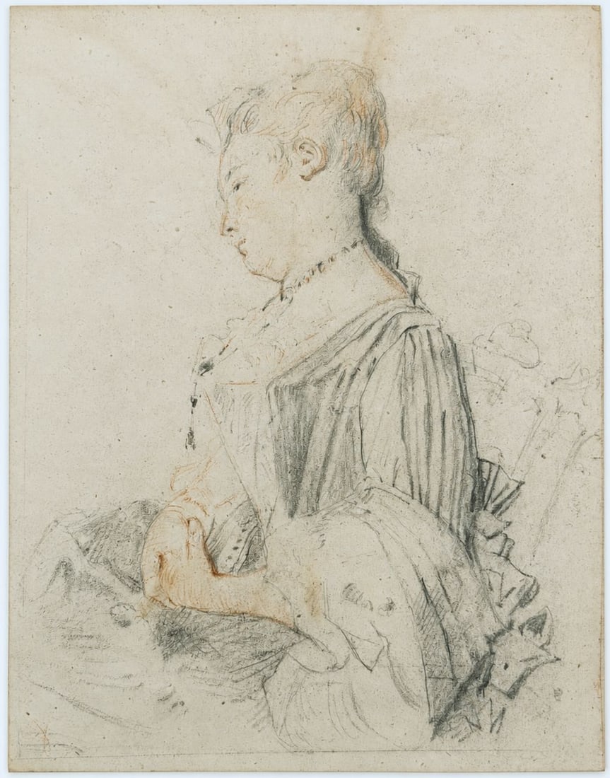 Attributed to Antoine Watteau (1684-1721) Seated Woman in Profile: Mixed media on paper Inscribed on the reverse Dimensions: 20.5 × 27 cm Provenance: Private collection of Jean-Philippe Ghaen,