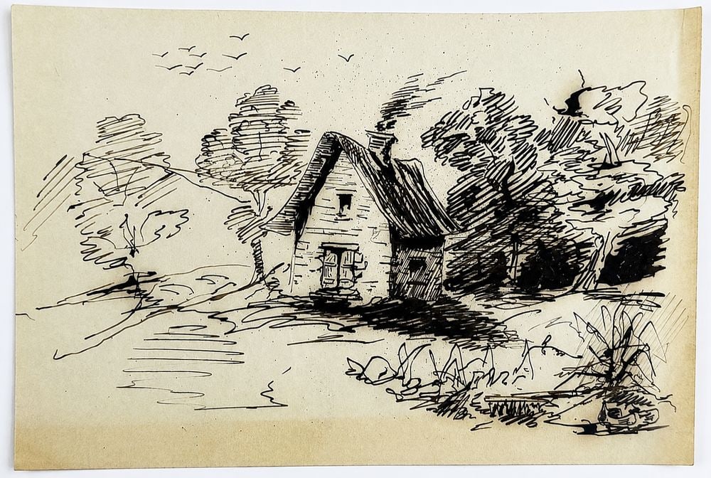 Attributed to Vincent van Gogh (1853-1890) Cottage in a Landscape: Ink on paper Inscribed on the reverse Dimensions: 13 × 19 cm Provenance: Private collection of Jean-Philippe Ghaen, France Condition: For a detailed conditio
