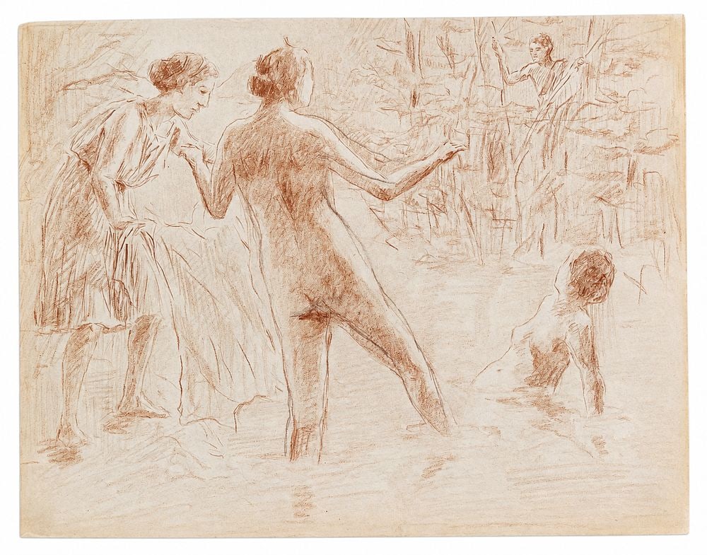 Puvis de Chavannes (1824-1898) Figures in a Garden: Sepia on paper Inscribed on the reverse Dimensions: 20.7 × 26.5 cm Provenance: Private collection of Jean-Philippe Ghaen, F