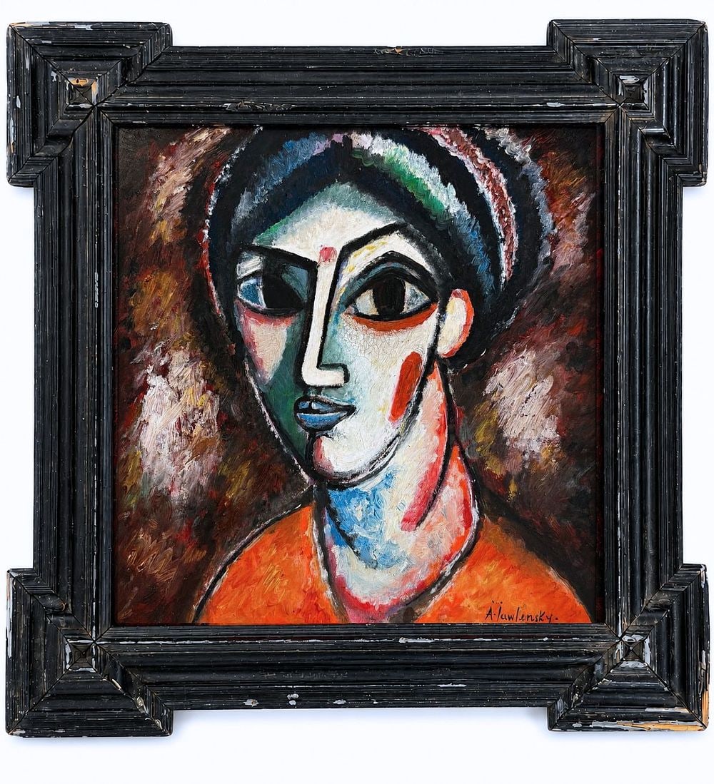 Alexej von Jawlensky (1864-1941), Portrait of a Woman: Oil on wood Signed lower right Dimensions (including frame): 44 × 44 cm Dimensions (excluding frame): 31.5 × 31.5 cm