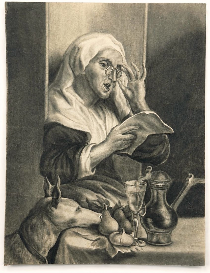 Attributed to Jean-Baptiste Greuze (1725-1805) Old Woman Reading: Charcoal on paper Inscribed on the reverse Dimensions: 22.5 × 17 cm Provenance: Private collection of Jean-Philippe Ghaen,