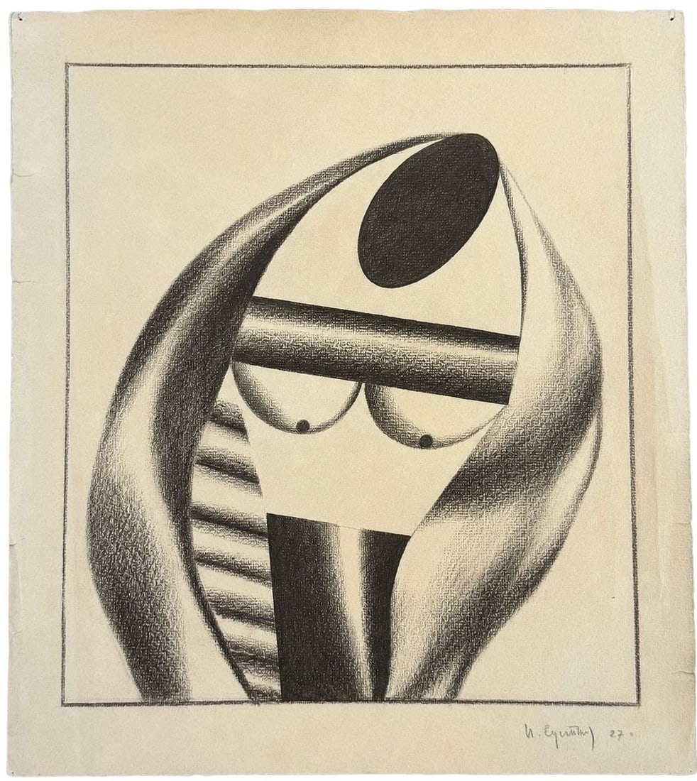 Nikolai Suetin (1897-1954) Suprematist Figure, 1927: Pencil and charcoal on paper Signed and dated ?27? lower right Dimensions: 38 × 43 cm Provenance: Lev and Esther Markish, Russia Acq