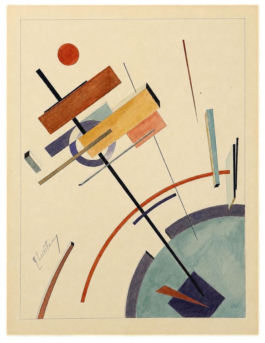 El Lissitzky (1890-1941), Abstract Composition: Mixed media on paper Signed lower left. Dimensions: 29.5 × 38 cm Provenance: From the collection of Olivia Amar (Estate of Omer Albert), inherited