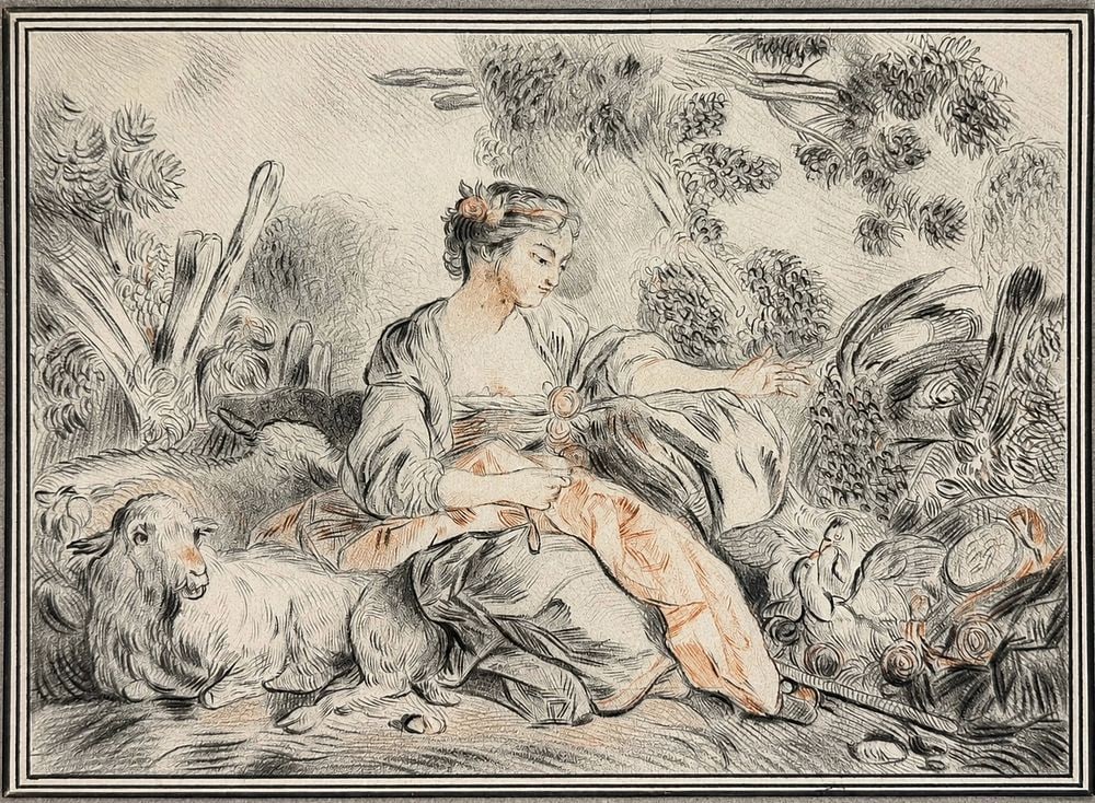 Attributed to Francois Boucher (1703-1770) Pastoral Scene with a Woman and Animals (1 of 2)