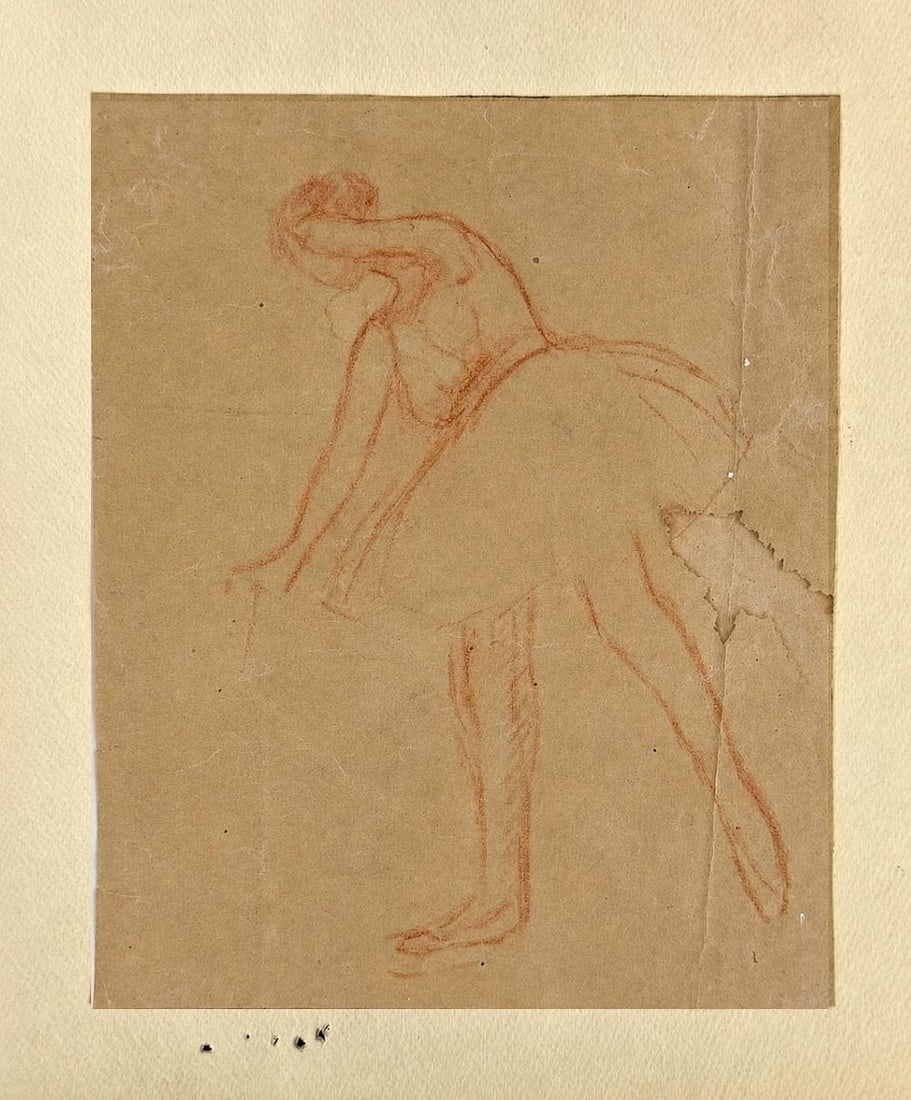 Edgar Degas (1834-1917) Bending Female Figure: Sepia on paper Inscribed on the reverse Dimensions: 15 × 18 cm Provenance: Private collection of Jean-Philippe Ghaen, Franc