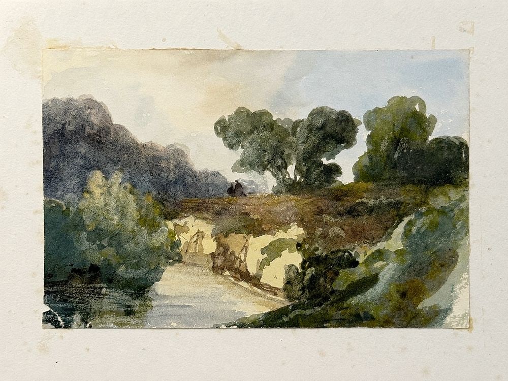 Charles-Francois Daubigny (1817-1878) Landscape with a Bridge: Watercolor on paper Inscribed on the reverse Dimensions: 8.5 × 13 cm Provenance: Private collection of Jean-Philippe Ghaen, France <