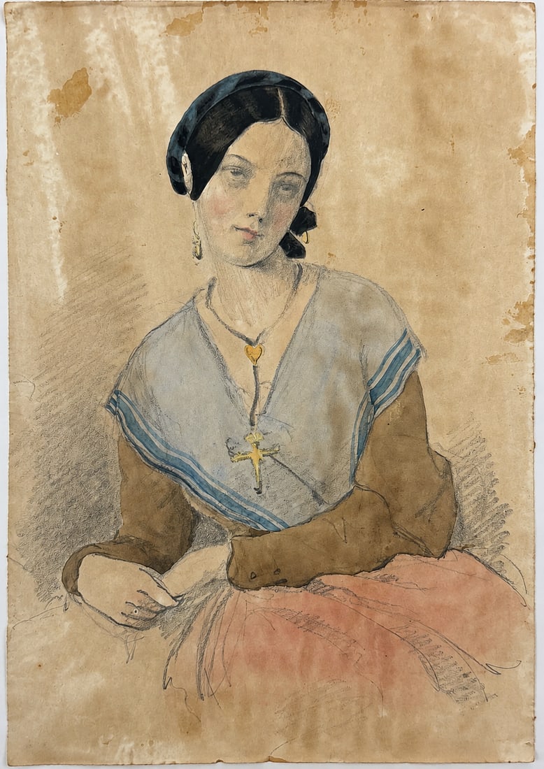 Achille Deveria (1800-1857) Portrait of a Seated Woman: Watercolor on paper Inscribed on the reverse Dimensions: 14 × 19.5 cm Provenance: Private collection of Jean-Philippe Ghaen, France