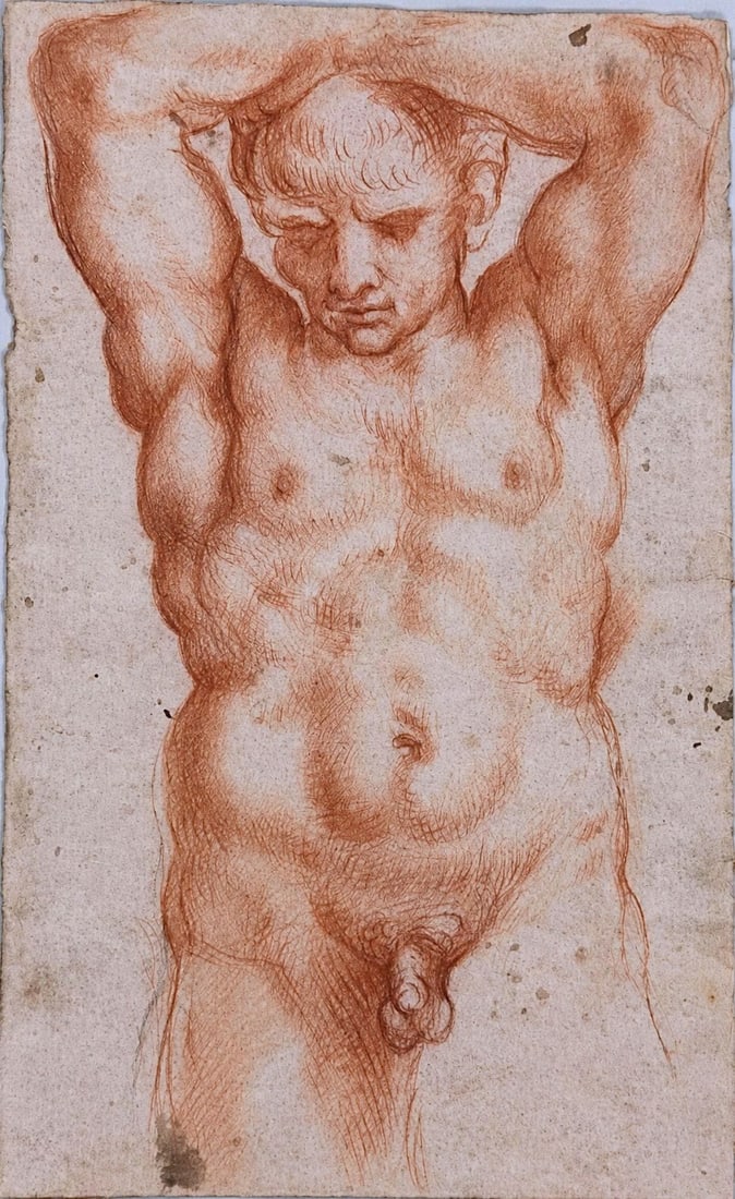 Attributed to Michelangelo Buonarroti (1475?1564) Study of a Male Figure: Sepia on paper Inscribed on the reverse Dimensions: 10.5 × 17 cm Provenance: Private collection of Jean-Philippe Ghaen, France