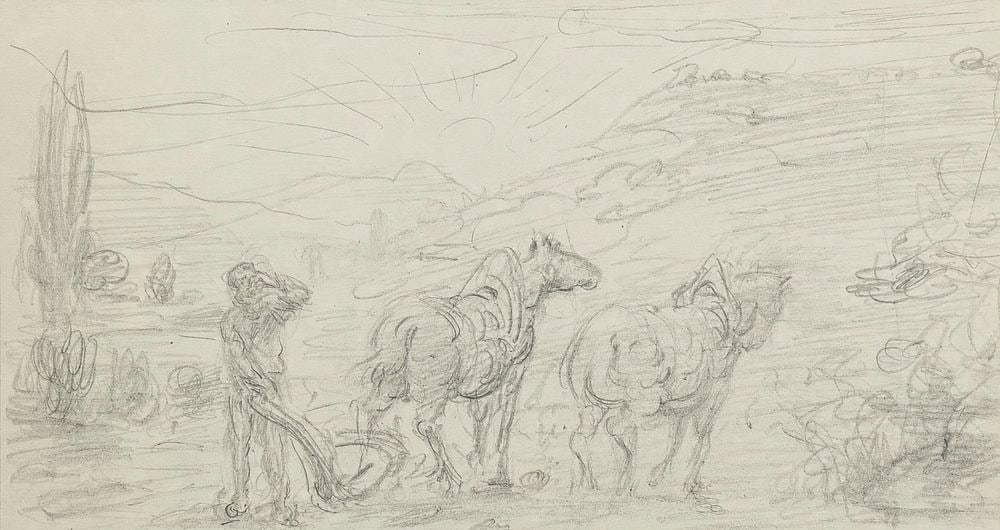 Charles-Emile Jacque (1813-1894) Landscape with Horses and a Figure: Pencil on paper Inscribed on the reverse Dimensions: 10.5 × 19.5 cm Provenance: Private collection of Jean-Phili