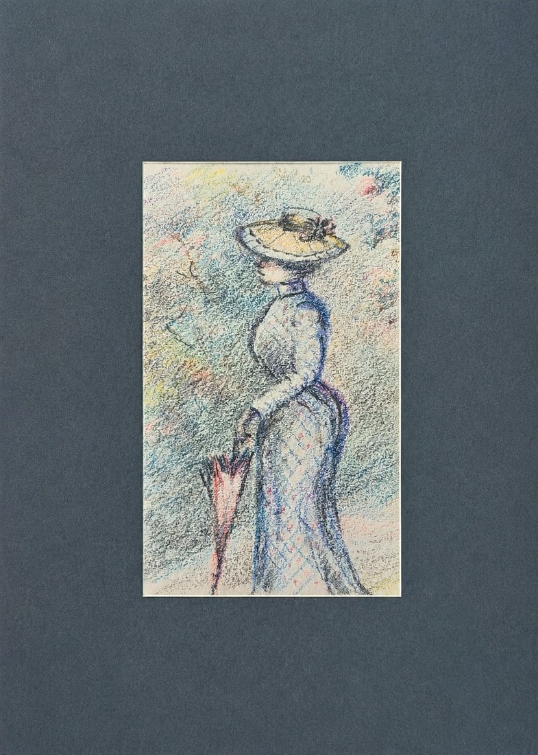Attributed to Henri de Toulouse-Lautrec (1864?1901) Standing Woman with Parasol: Pastel on paper Inscribed on the reverse Dimensions: 5.5 × 10 cm Provenance: Private collection of Jean-Philippe Ghaen, Fra