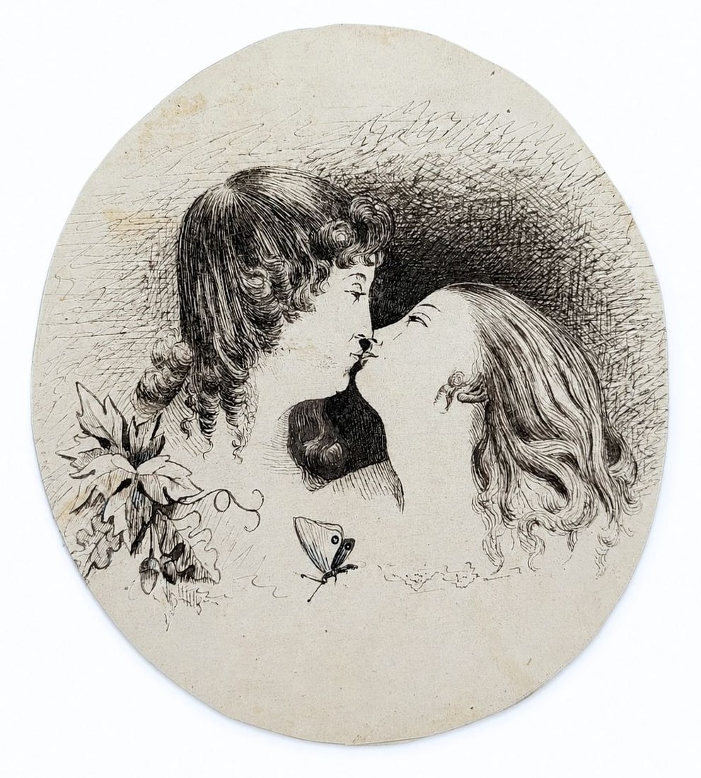 Attributed to Robert Nanteuil (1623?1678), The Kiss: Ink on paper Inscribed on the reverse Dimensions: 10.5 × 11.5 cm Provenance: Private collection of Jean-Philippe Ghaen, Fra