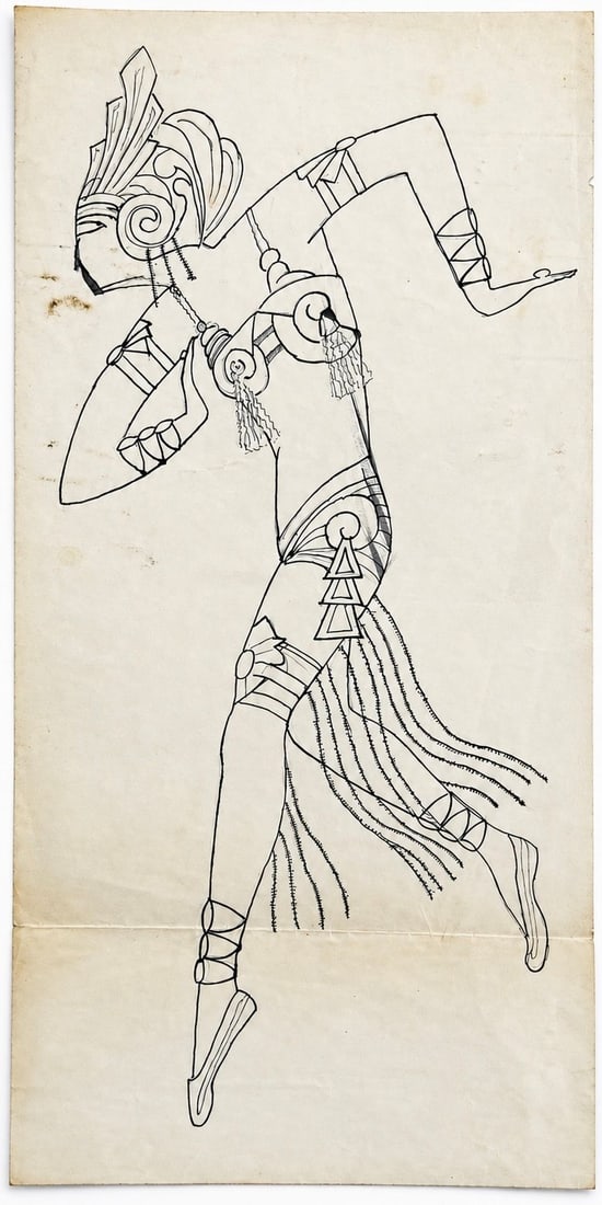 Erte (Romain de Tirtoff, 1892?1990) Costume Design for a Dancer: Ink on paper Inscribed on the reverse Dimensions: 17 × 35 cm Provenance: Private collection of Jean-Philippe Ghaen, France