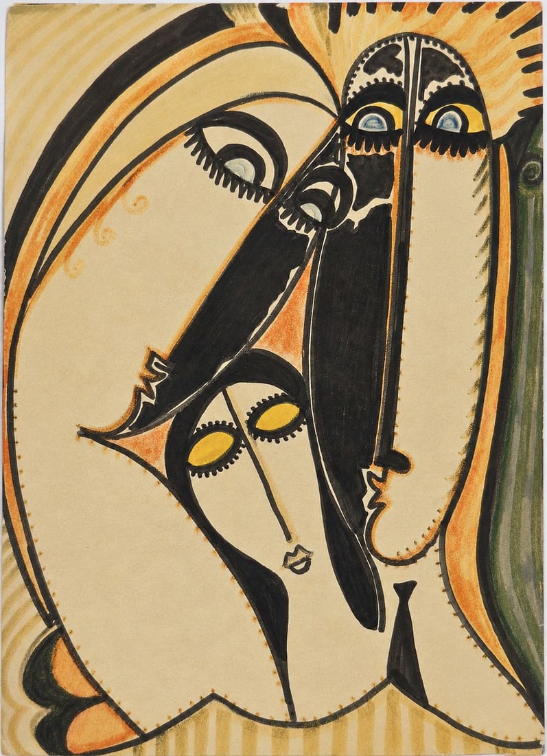 Attributed to Amedeo Modigliani (1884?1920) Three Faces: Mixed media on paper, laid down on cardboard Inscribed on the reverse Dimensions: 16 × 22 cm Provenance: Private collection of Jean-