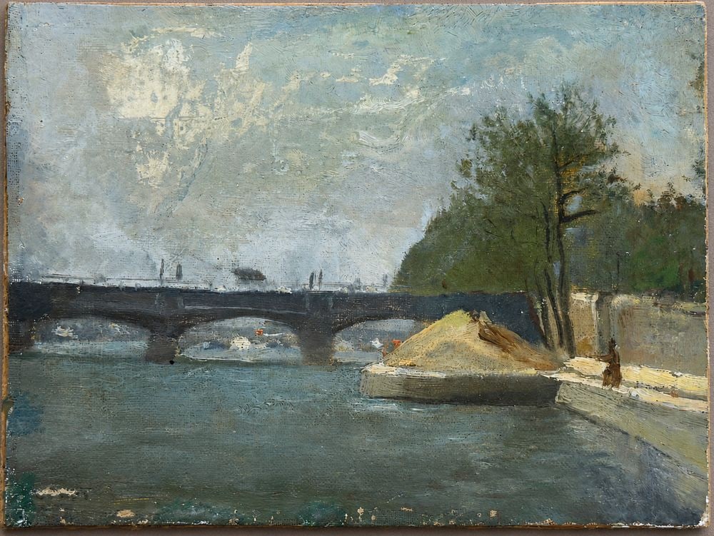Attributed to Jean-Baptiste-Camille Corot (1796?1875) River Landscape with a Bridge: Oil on canvas, laid down on cardboard Inscribed on the reverse Dimensions: 16.5 × 22 cm Provenance: Private collection of J