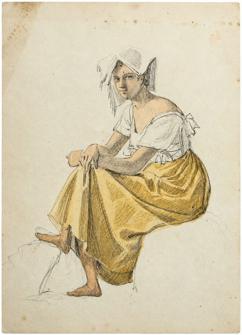 Eugene Delacroix (1798-1863) Seated Woman: Mixed media on paper Inscribed on the reverse Dimensions: 12 × 16.5 cm Provenance: Private collection of Jean-Philippe Ghaen, France