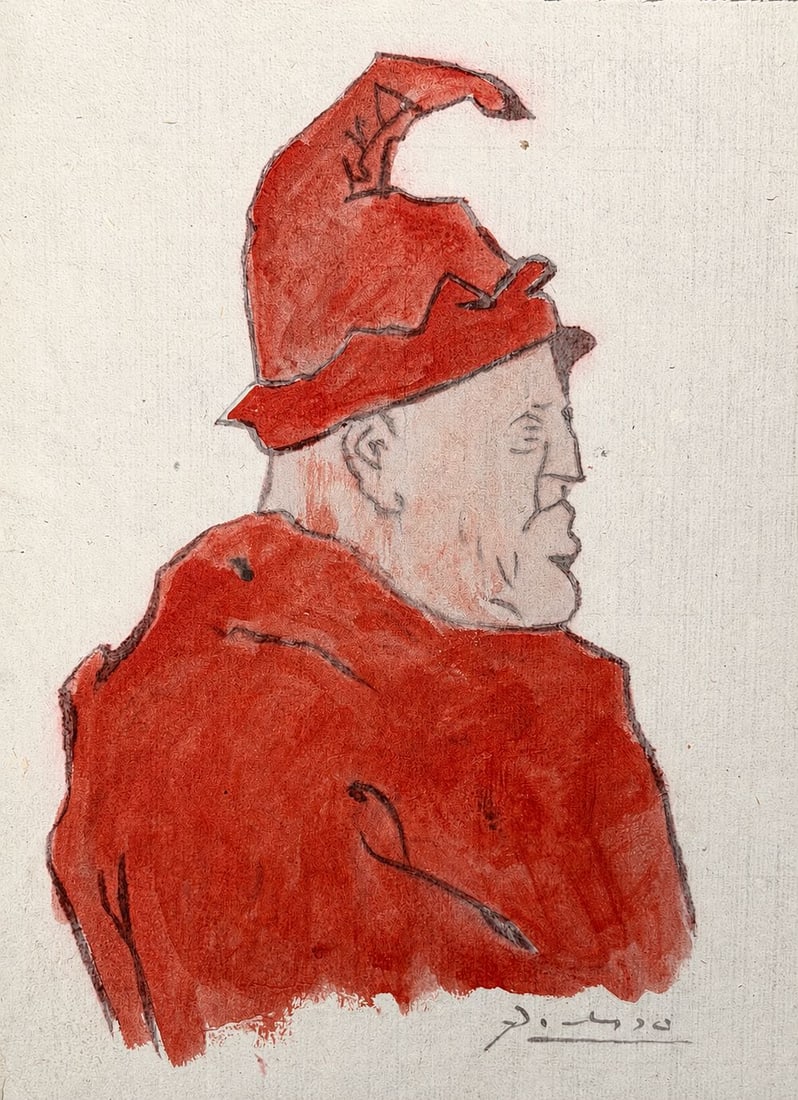 Attributed to Pablo Picasso (1881?1973) Portrait of a Man in a Red Hat????: Watercolor on paper Signed lower right Dimensions: 17.5 × 23.2 cm Provenance: Private collection of Jean-Philippe Ghaen, Fr