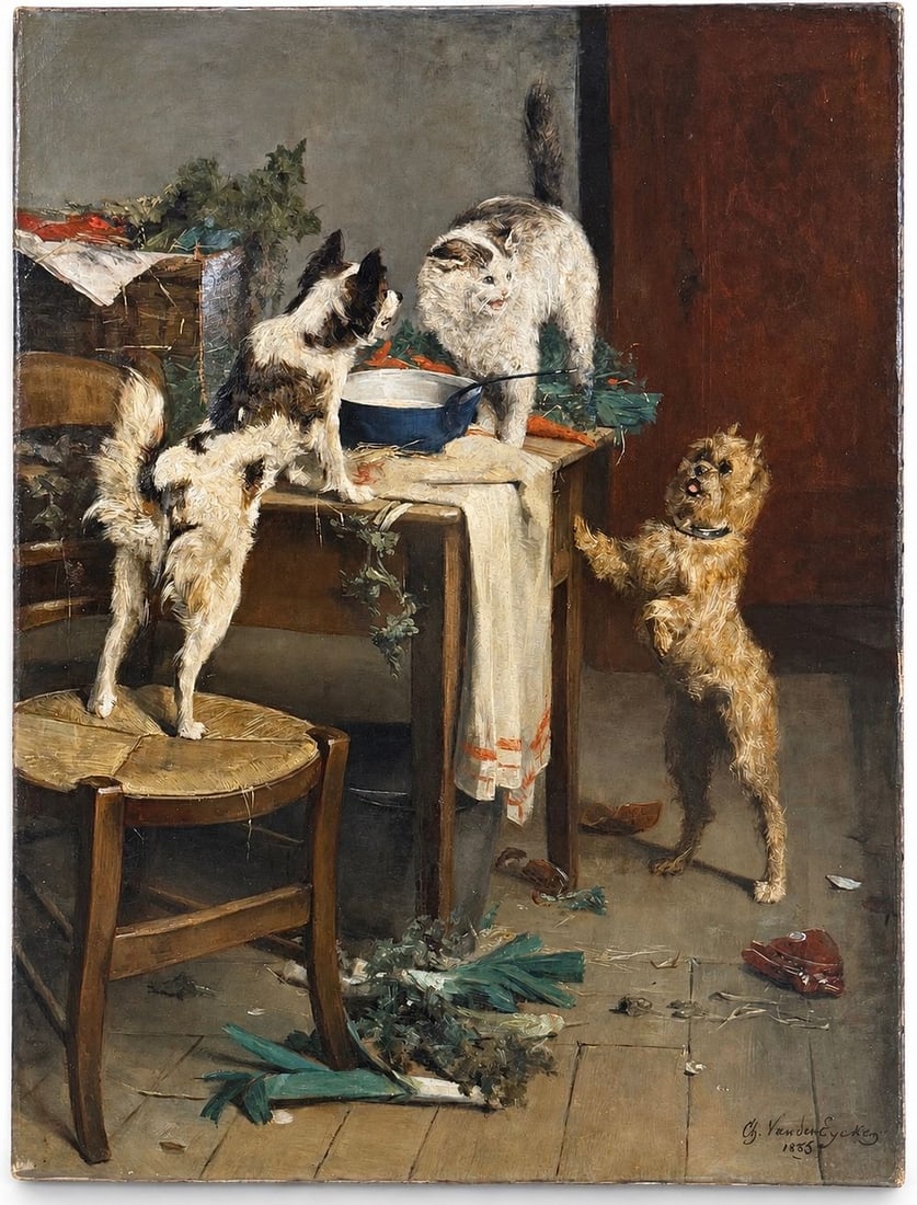Charles van den Eycken (1859?1923) Cat and Dogs in the Kitchen, 1885: Oil on canvas Signed and dated 1885 lower right Dimensions: 45 × 59.5 cm Important information: A small tear/damage is present, as indicat