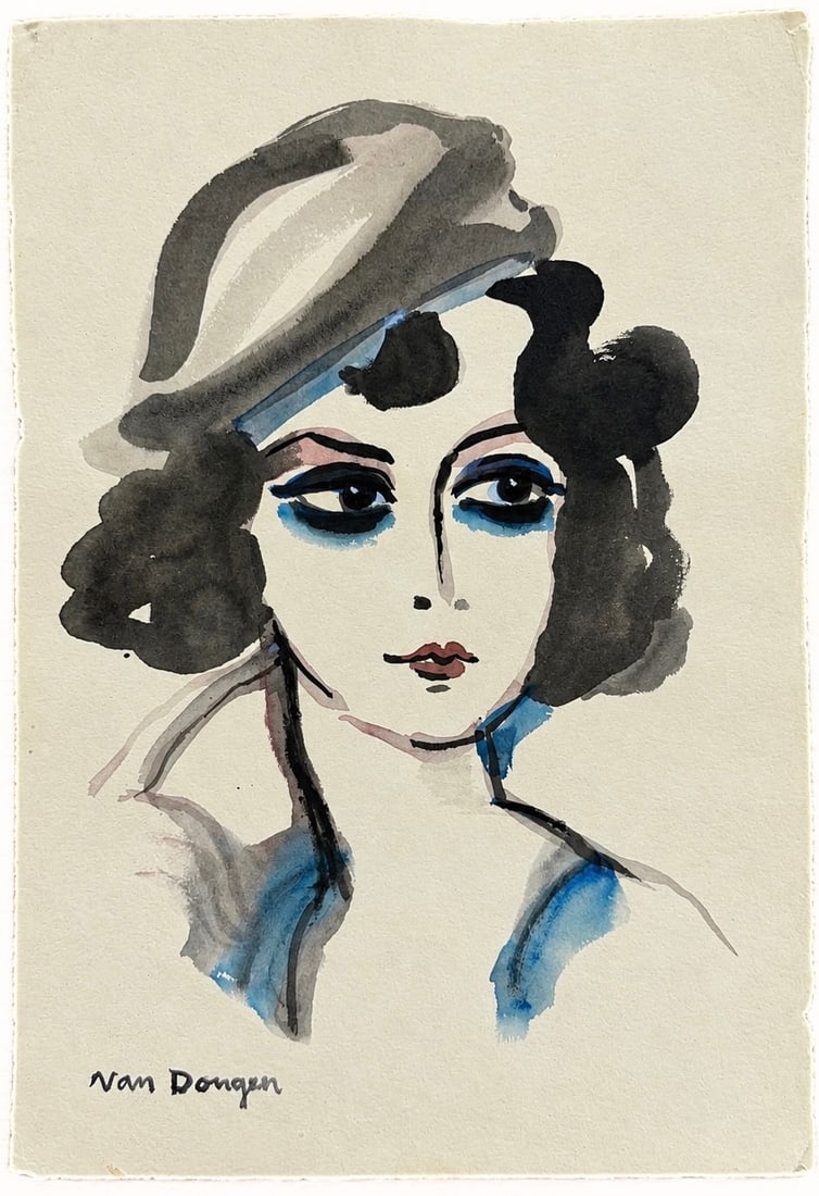 Kees van Dongen (1877-1968), Portrait of a Woman in a Hat: Watercolor on paper Signed lower left Dimensions: 25.5 × 37 cm Provenance: Purchased directly from the artist in Paris. Subsequently held in the collection of a gal