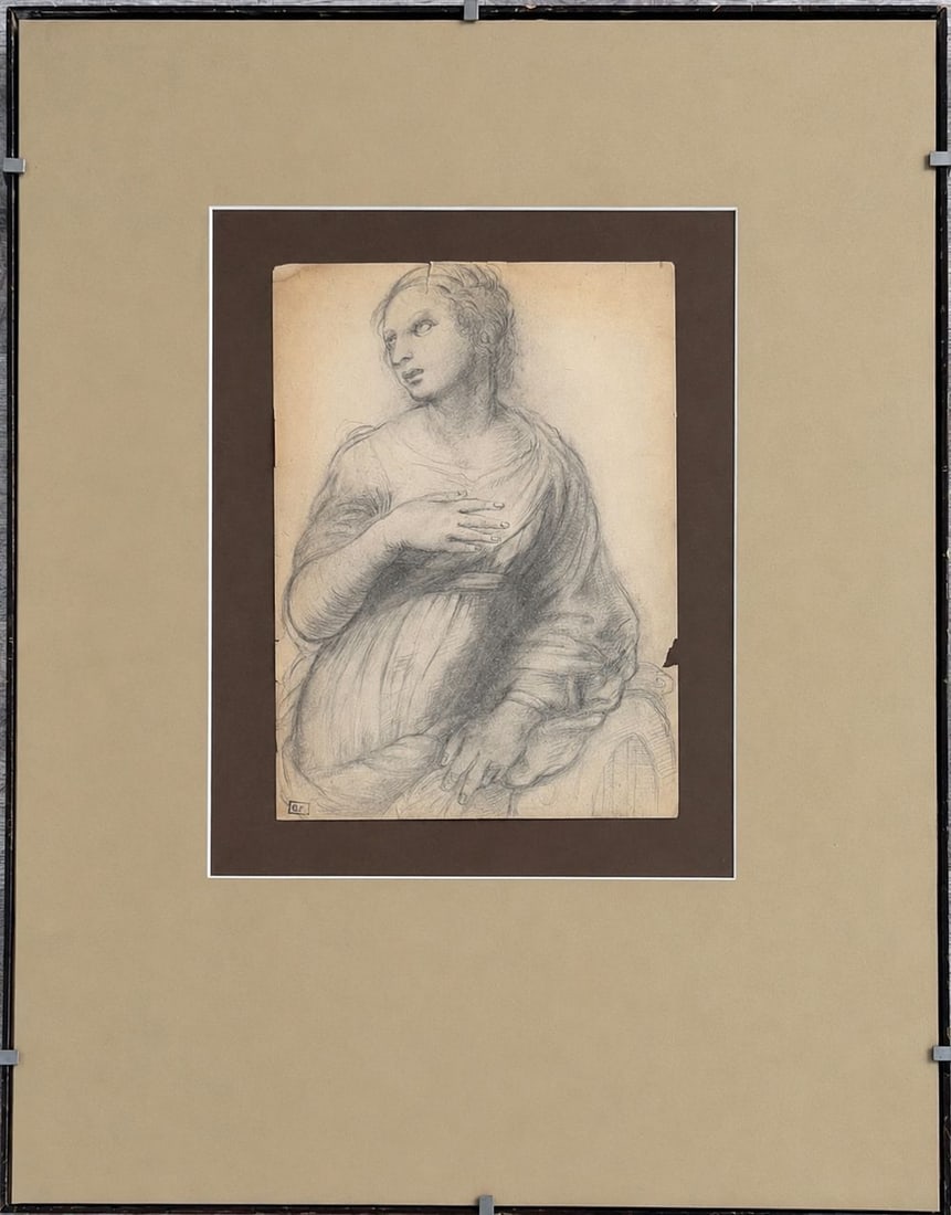 Attributed to Raphael (1483?1520), Study of a Young Woman: Pencil on paper Signed lower left Dimensions (including frame): 48 × 62.5 cm Dimensions (excluding frame): 20 × 28.5 cm