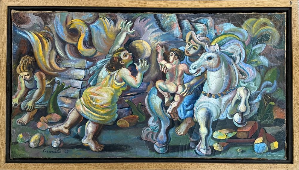 Mario Carreno (1913-1999), Figural Composition with Horse: Oil on canvas Signed lower left Dimensions (including frame):90 x 51.5 cm Dimensions (excluding frame) :83.5 x 45 cm Provenance: Collectio