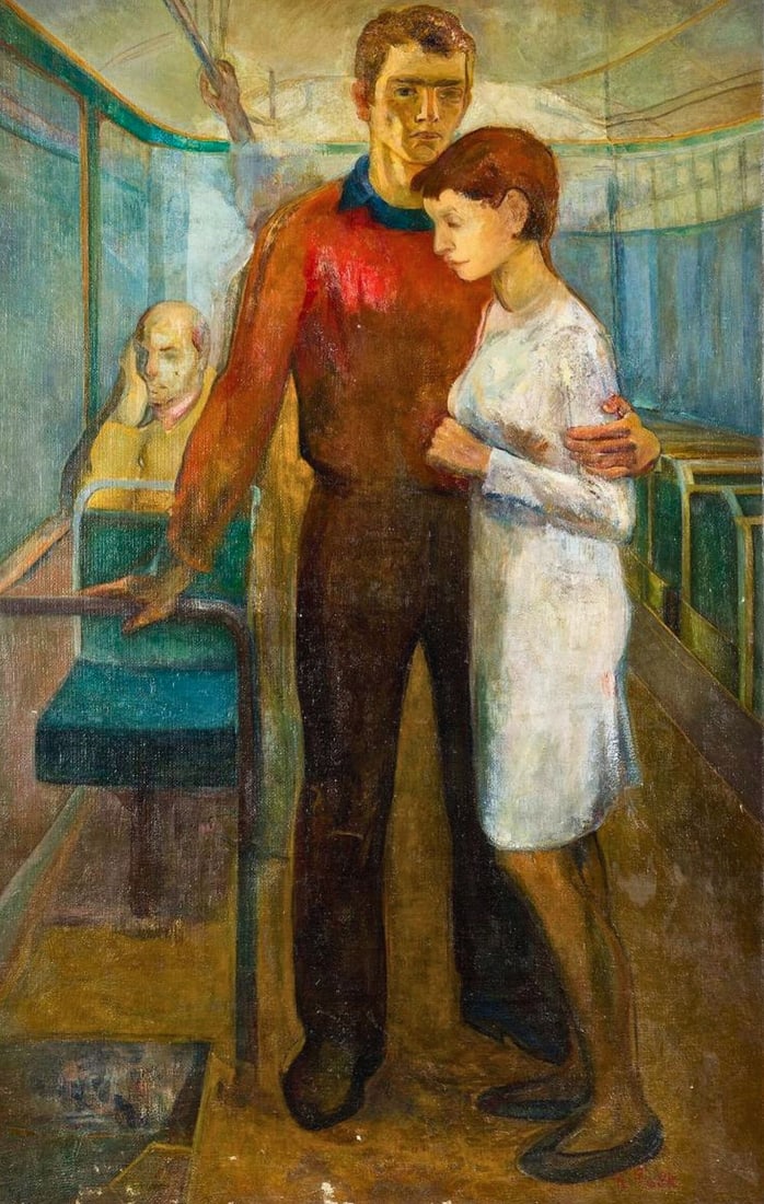 Robert Rafaelovich Falk (1886-1958), Szene im Zug: Oil on Canvas 1953 Signed lower right Dimensions : 108.5 x 170.5 cm Provenance: Private collection of Joseph Katzenbe