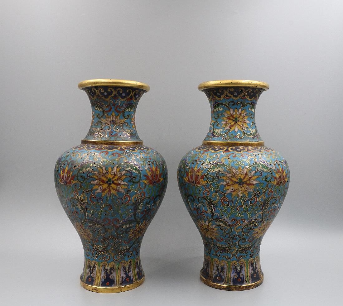 A PAIR OF CHINESE BRONZE CLOISONNE VASES (1 of 3)