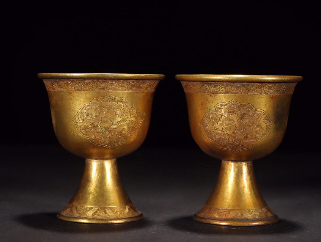 PAIR OF CHINESE GILT SILVER STEM CUPS (1 of 6)
