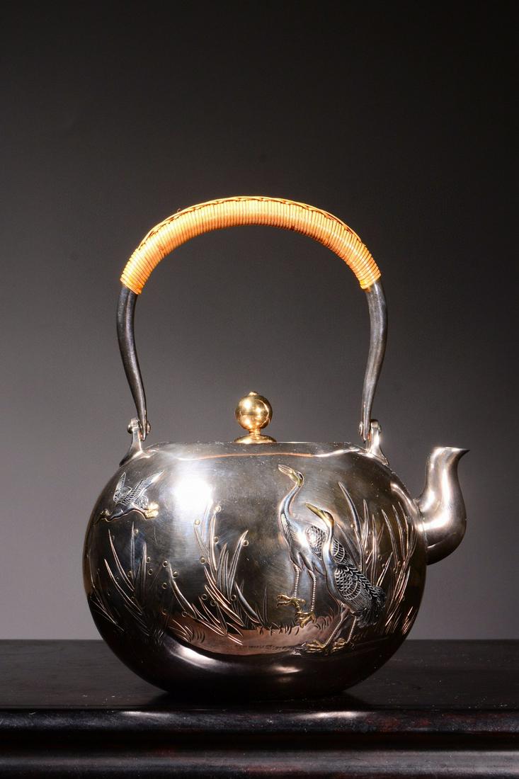 CHINESE SILVER TEAPOT WITH HANDLE (1 of 6)